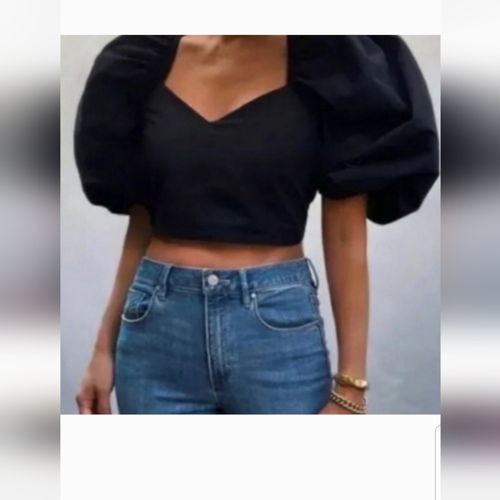 ZARA Black Cut Out Back Puff Sleeve Poplin Crop Top